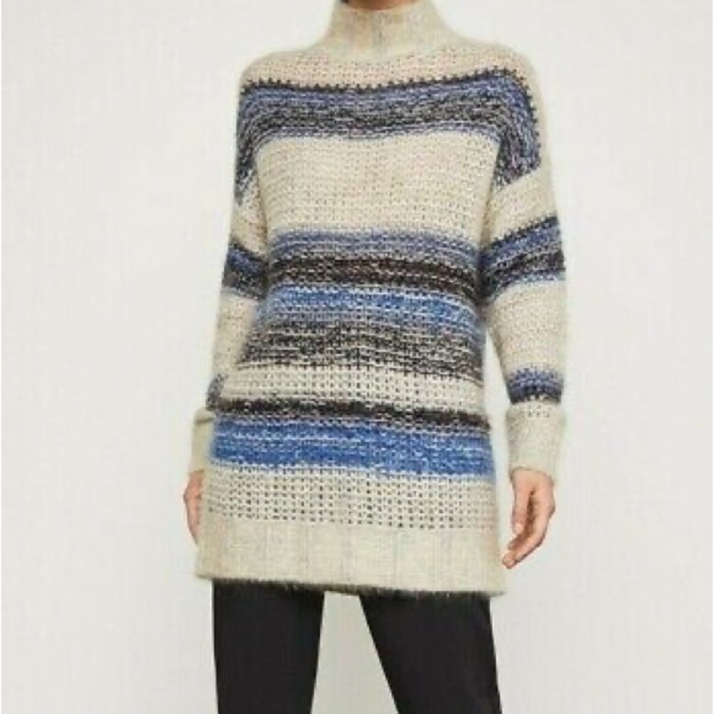 BCBG Max Azria L Oversized Sweater Mohair Blend Shaggy Striped Open Weave Chunky